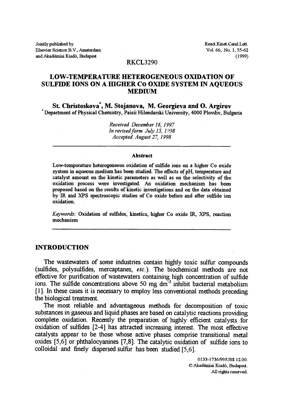 Low-temperature heterogeneous oxidation of sulfide ions on a higher Co oxide system in aqueous medium by Unknown