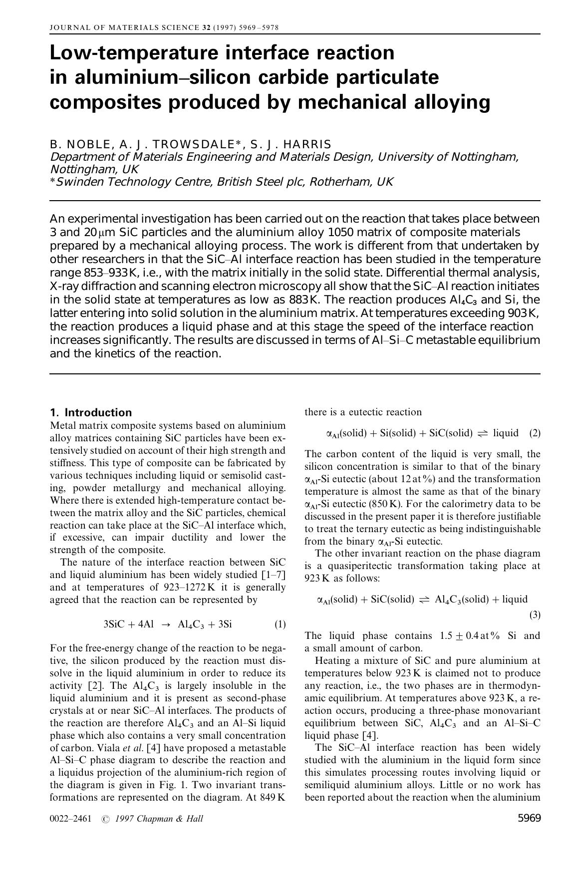Low-temperature interface reaction in aluminium–silicon carbide particulate composites produced by mechanical alloying by Unknown