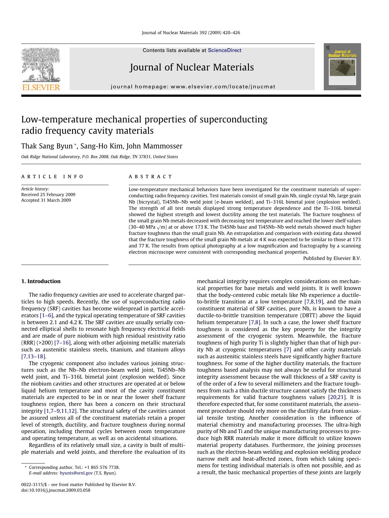 Low-temperature mechanical properties of superconducting radio frequency cavity materials by Thak Sang Byun; Sang-Ho Kim; John Mammosser