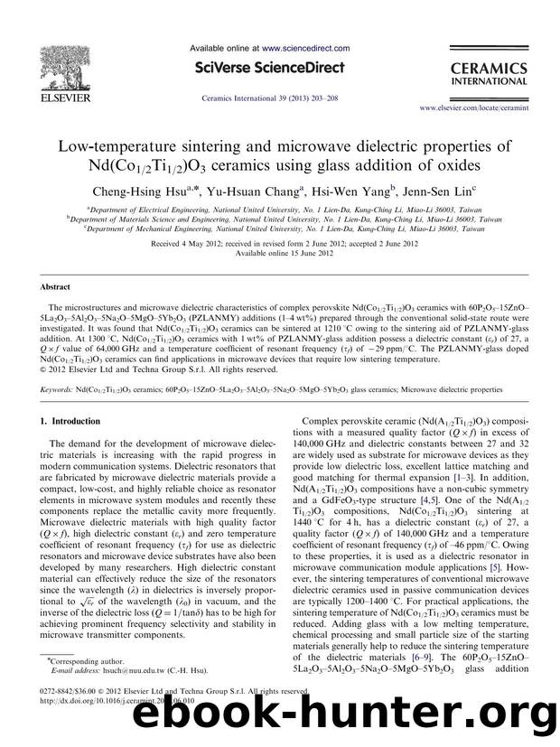 Low-temperature sintering and microwave dielectric properties of Nd(Co12Ti12)O3 ceramics using glass addition of oxides by Cheng-Hsing Hsu & Yu-Hsuan Chang & Hsi-Wen Yang & Jenn-Sen Lin