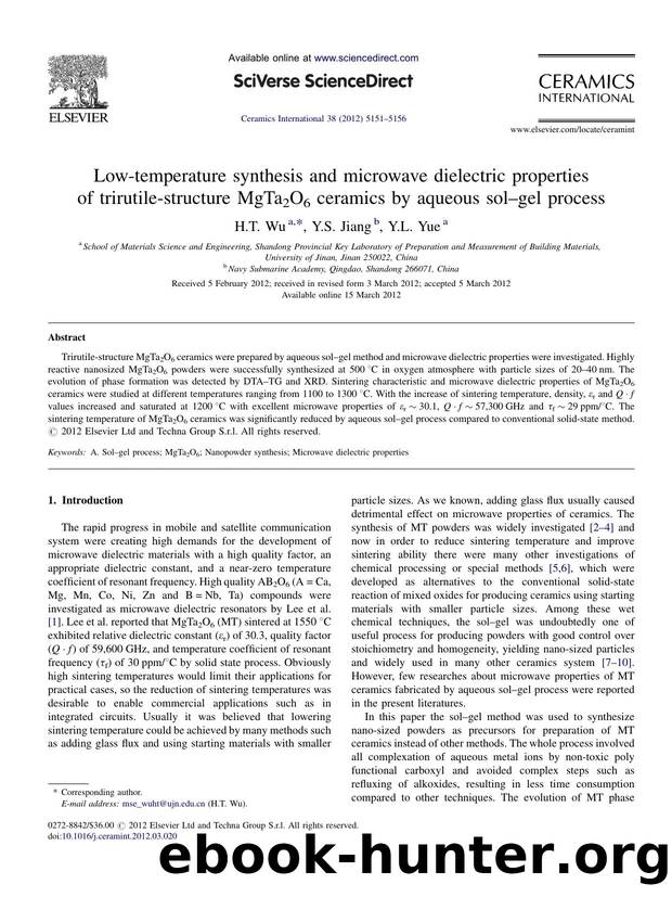 Low-temperature synthesis and microwave dielectric properties of trirutile-structure MgTa2O6 ceramics by aqueous solâgel process by H.T. Wu