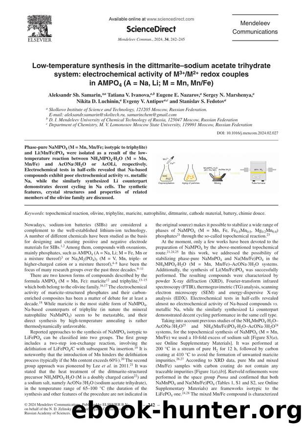 Low-temperature synthesis in the dittmariteâsodium acetate trihydrate system: electrochemical activity of M3+M2+ redox couples in AMPO4 (A = Na, Li; M = Mn, MnFe) by unknow