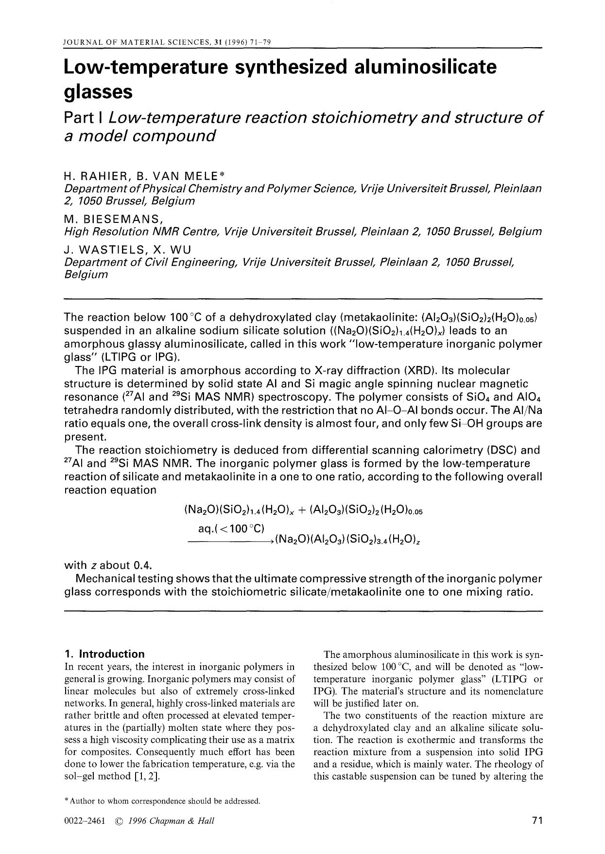 Low-temperature synthesized aluminosilicate glasses by Unknown