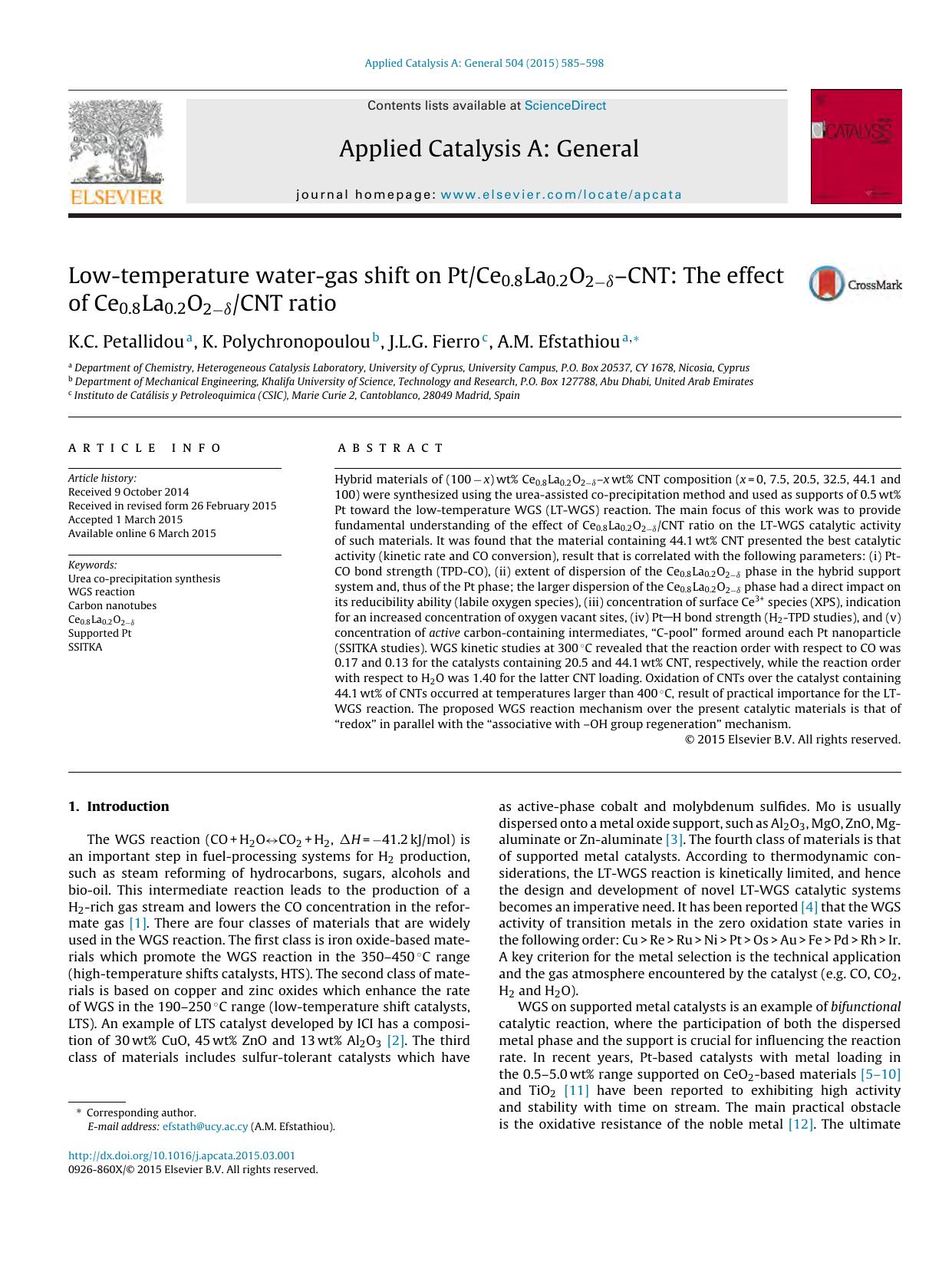 Low-temperature water-gas shift on PtCe0.8La0.2O2âÎ´âCNT: The effect of Ce0.8La0.2O2âÎ´CNT ratio by K.C. Petallidou & K. Polychronopoulou & J.L.G. Fierro & A.M. Efstathiou