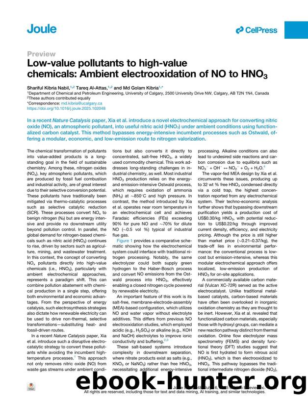 Low-value pollutants to high-value chemicals: Ambient electrooxidation of NO to HNO3 by Shariful Kibria Nabil & Tareq Al-Attas & Md Golam Kibria
