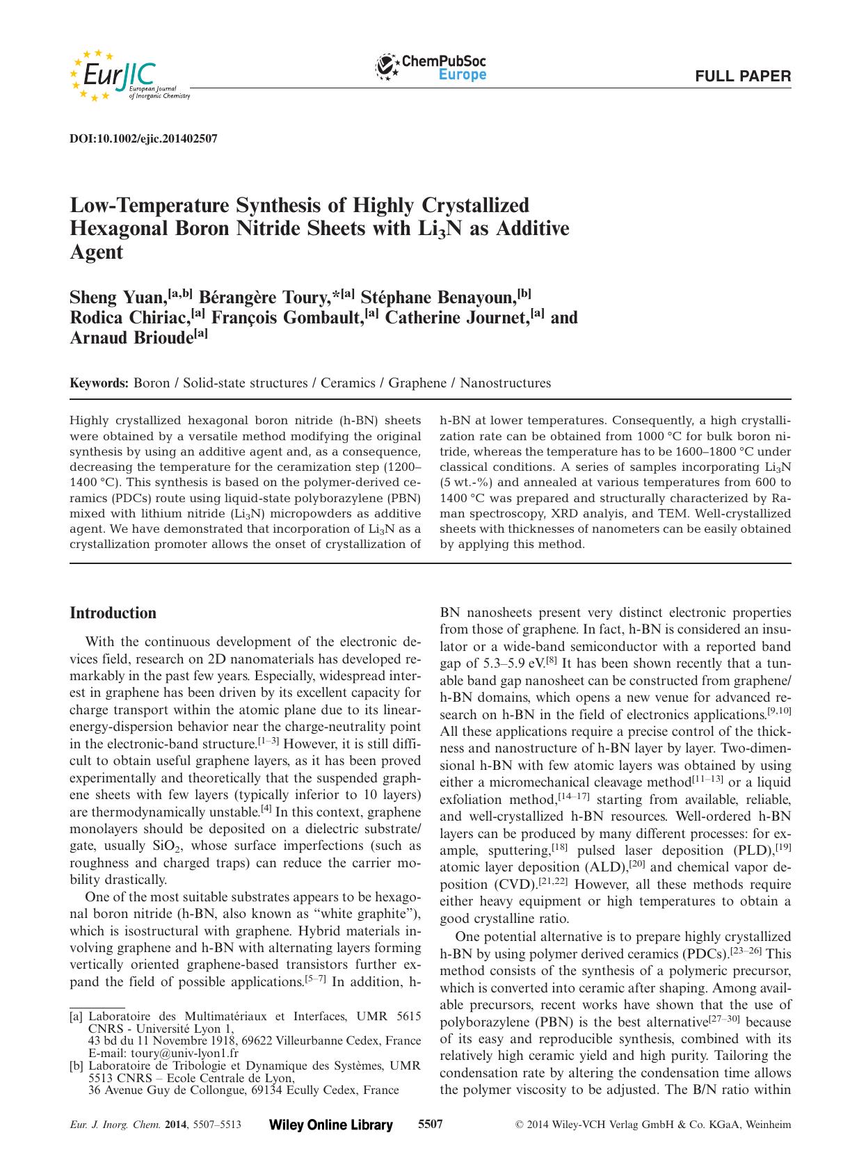 LowTemperature Synthesis of Highly Crystallized Hexagonal Boron Nitride Sheets with Li3N as Additive Agent by Unknown