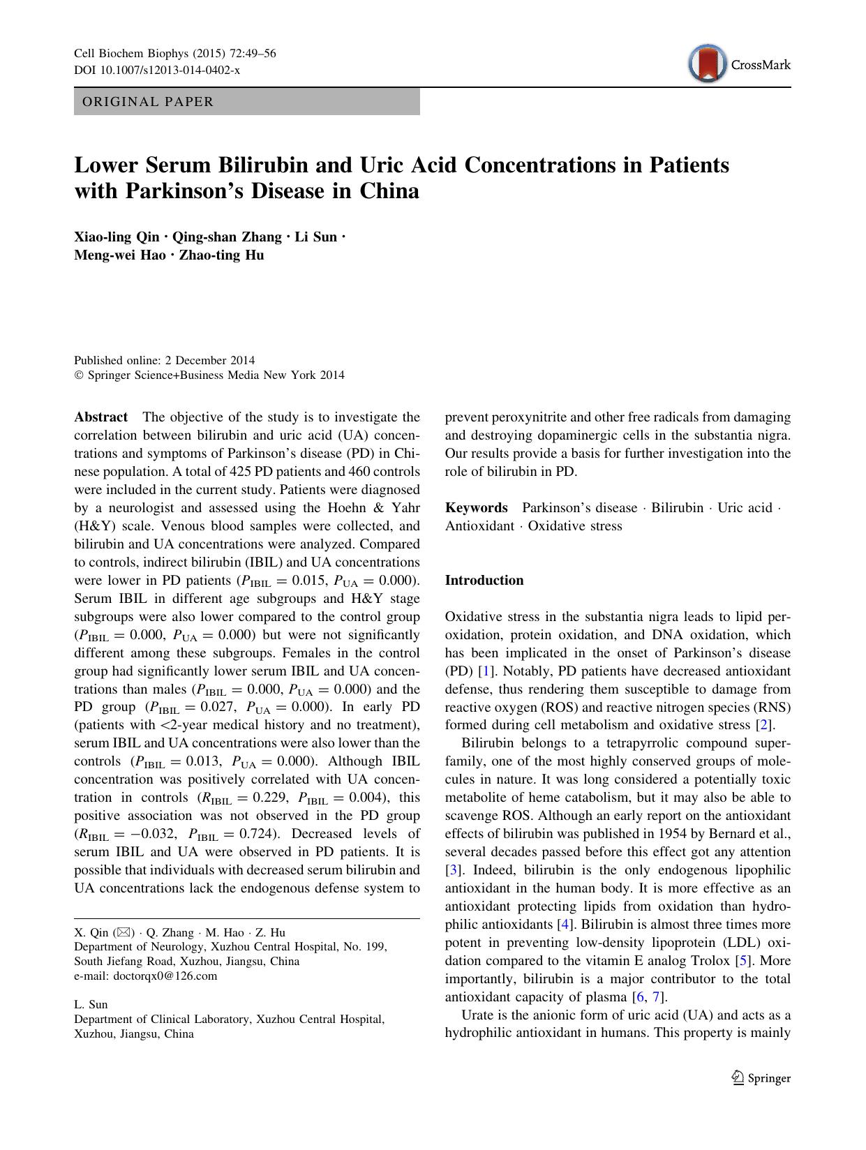 Lower Serum Bilirubin and Uric Acid Concentrations in Patients with Parkinsonâs Disease in China by Xiao-ling Qin & Qing-shan Zhang & Li Sun & Meng-wei Hao & Zhao-ting Hu