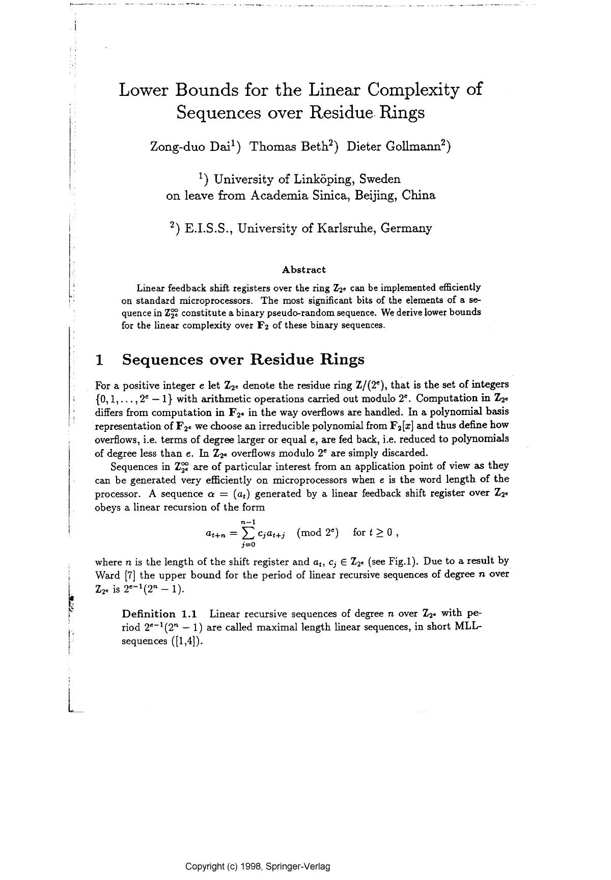 Lower bounds for the linear complexity of sequences over residue rings by Dai Z. Beth T. & Gollmann D
