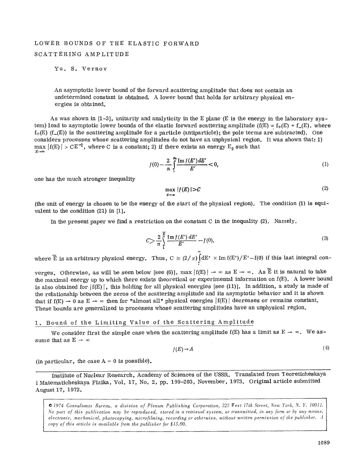 Lower bounds of the elastic forward scattering amplitude by Unknown
