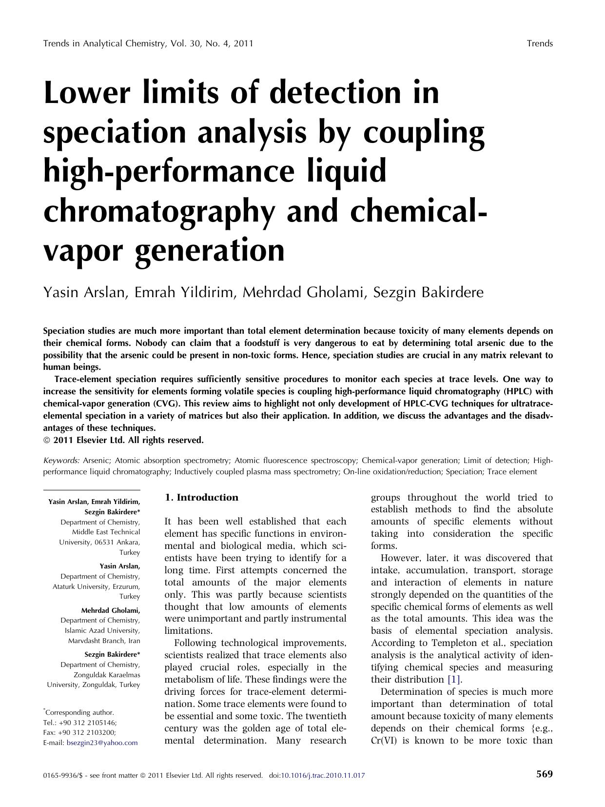 Lower limits of detection in speciation analysis by coupling high-performance liquid chromatography and chemical-vapor generation by Yasin Arslan & Emrah Yildirim & Mehrdad Gholami & Sezgin Bakirdere