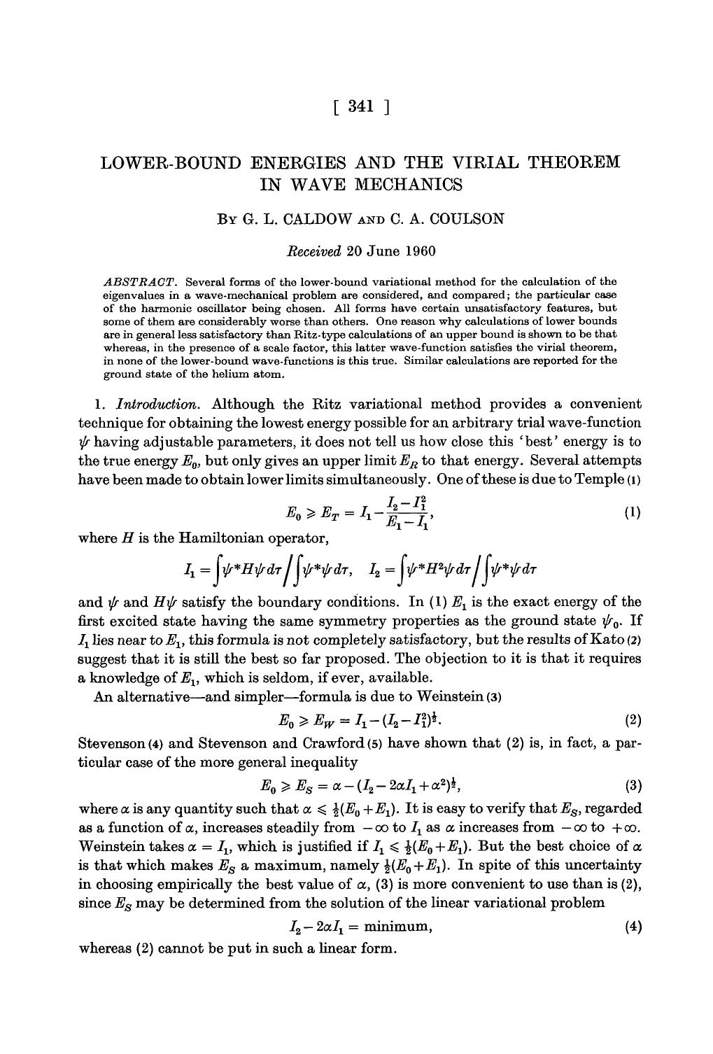 Lower-bound energies and the Virial theorem in wave mechanics by G. L. Caldow C. A. Coulson