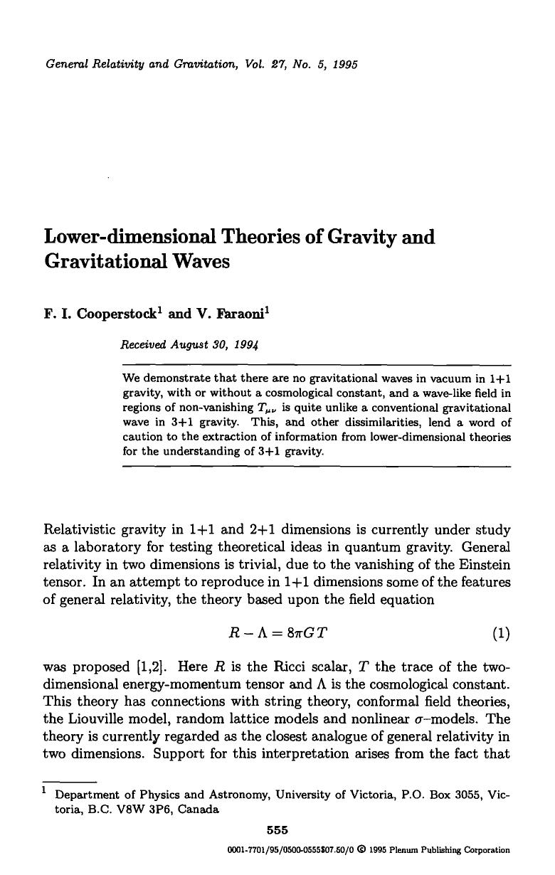 Lower-dimensional theories of gravity and gravitational waves by Unknown