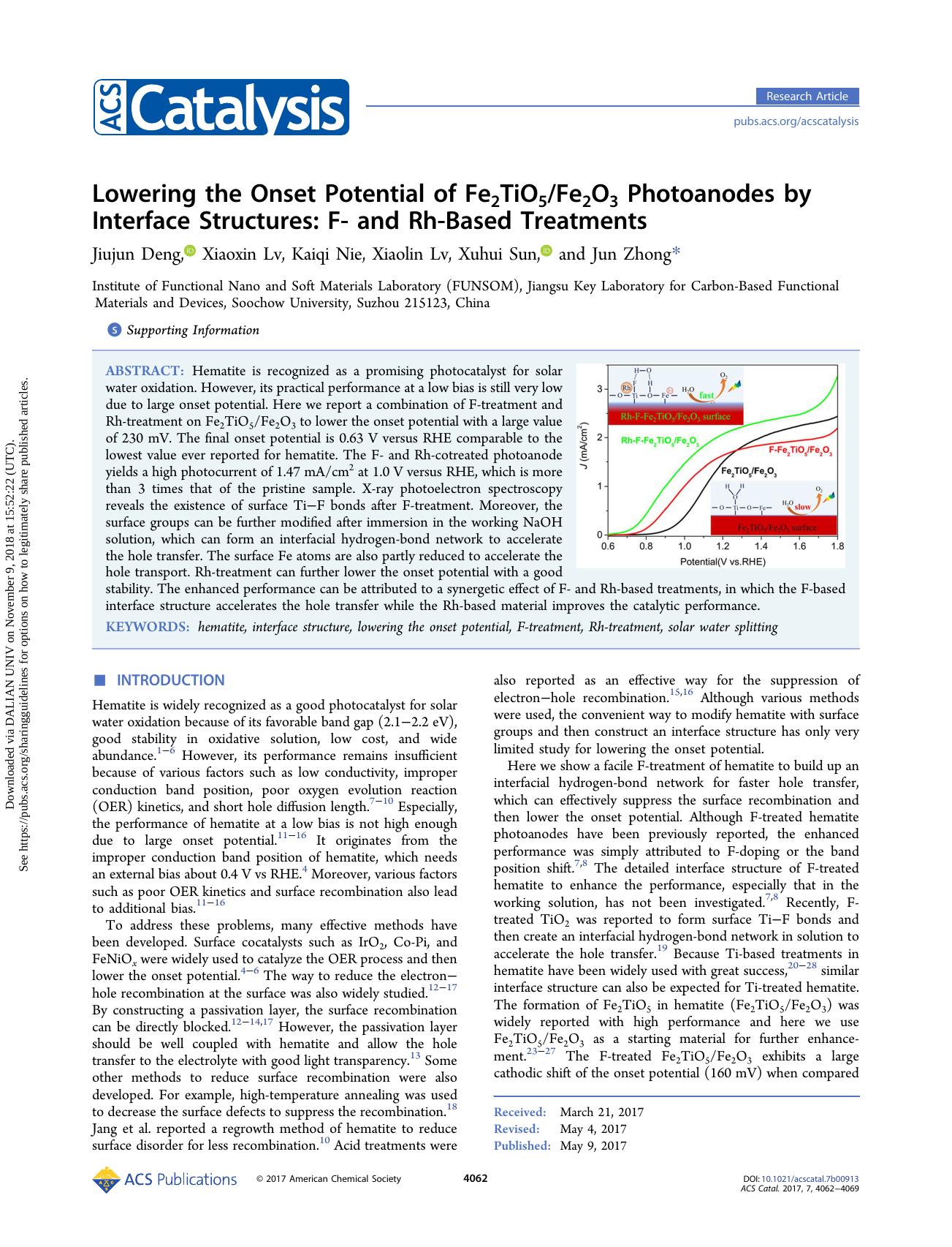 Lowering the Onset Potential of Fe2TiO5Fe2O3 Photoanodes by Interface Structures: F- and Rh-Based Treatments by Jiujun Deng Xiaoxin Lv Kaiqi Nie Xiaolin Lv Xuhui Sun & Jun Zhong