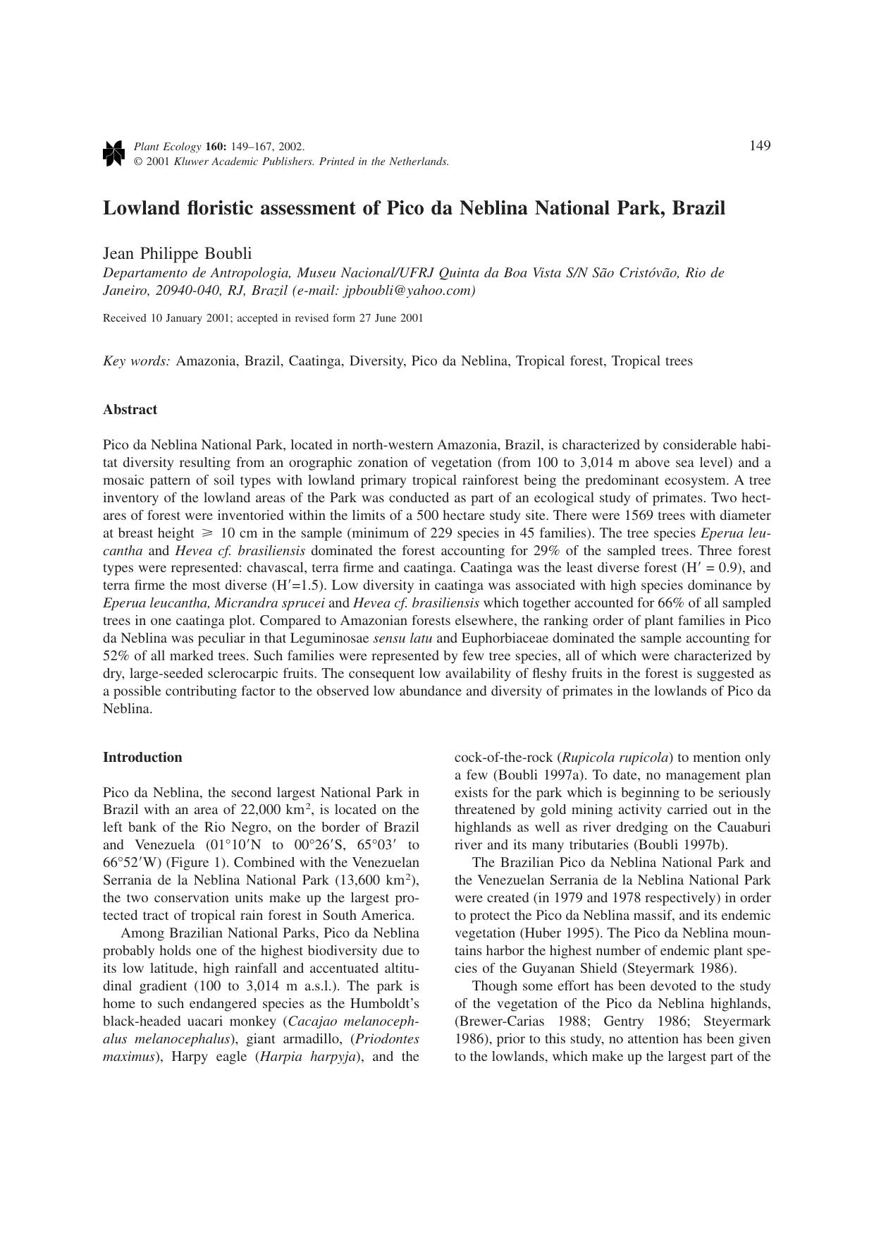 Lowland floristic assessment of Pico da Neblina National Park, Brazil by Unknown