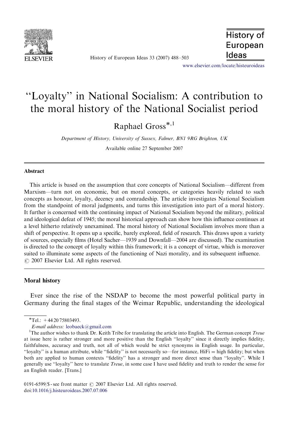 Loyalty in National Socialism, A Contribution to the Moral History of the National Socialist Period by Unknown