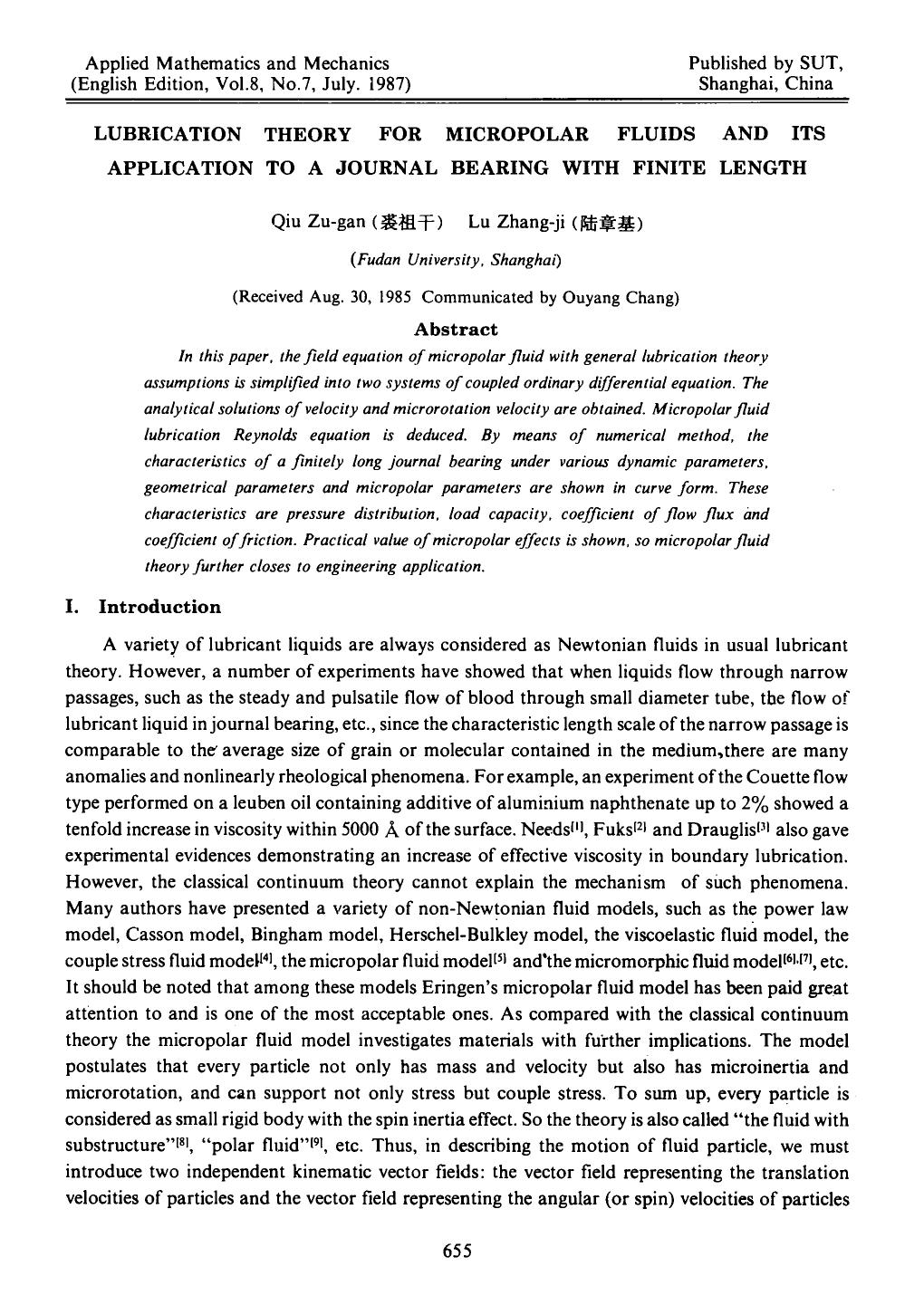 Lubrication theory for micropolar fluids and its application to a journal bearing with finite length by Unknown