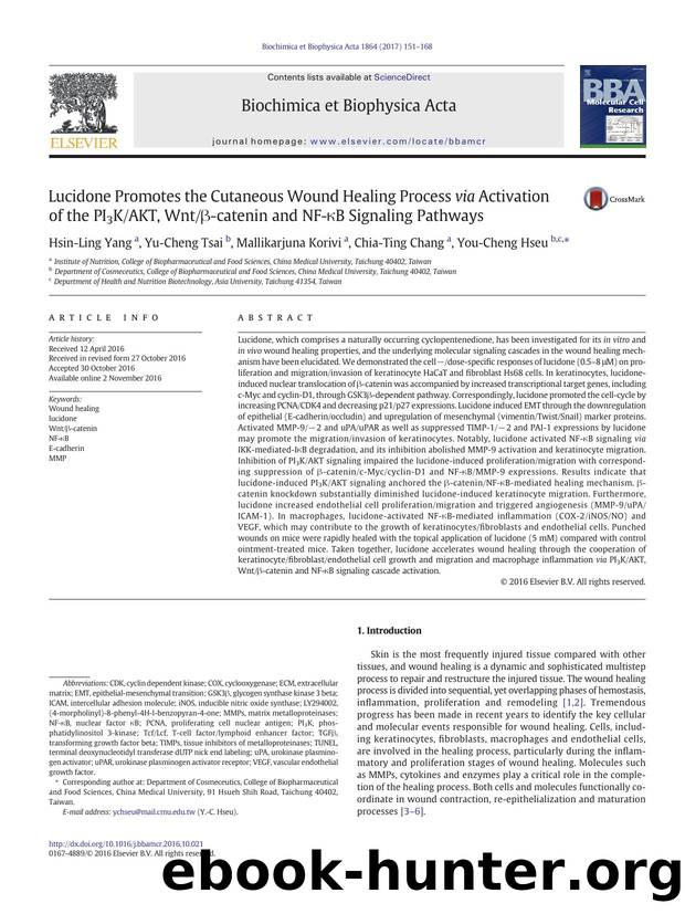 Lucidone Promotes the Cutaneous Wound Healing Process via Activation of the PI3KAKT, WntÎ²-catenin and NF-ÎºB Signaling Pathways by Hsin-Ling Yang & Yu-Cheng Tsai & Mallikarjuna Korivi & Chia-Ting Chang & You-Cheng Hseu