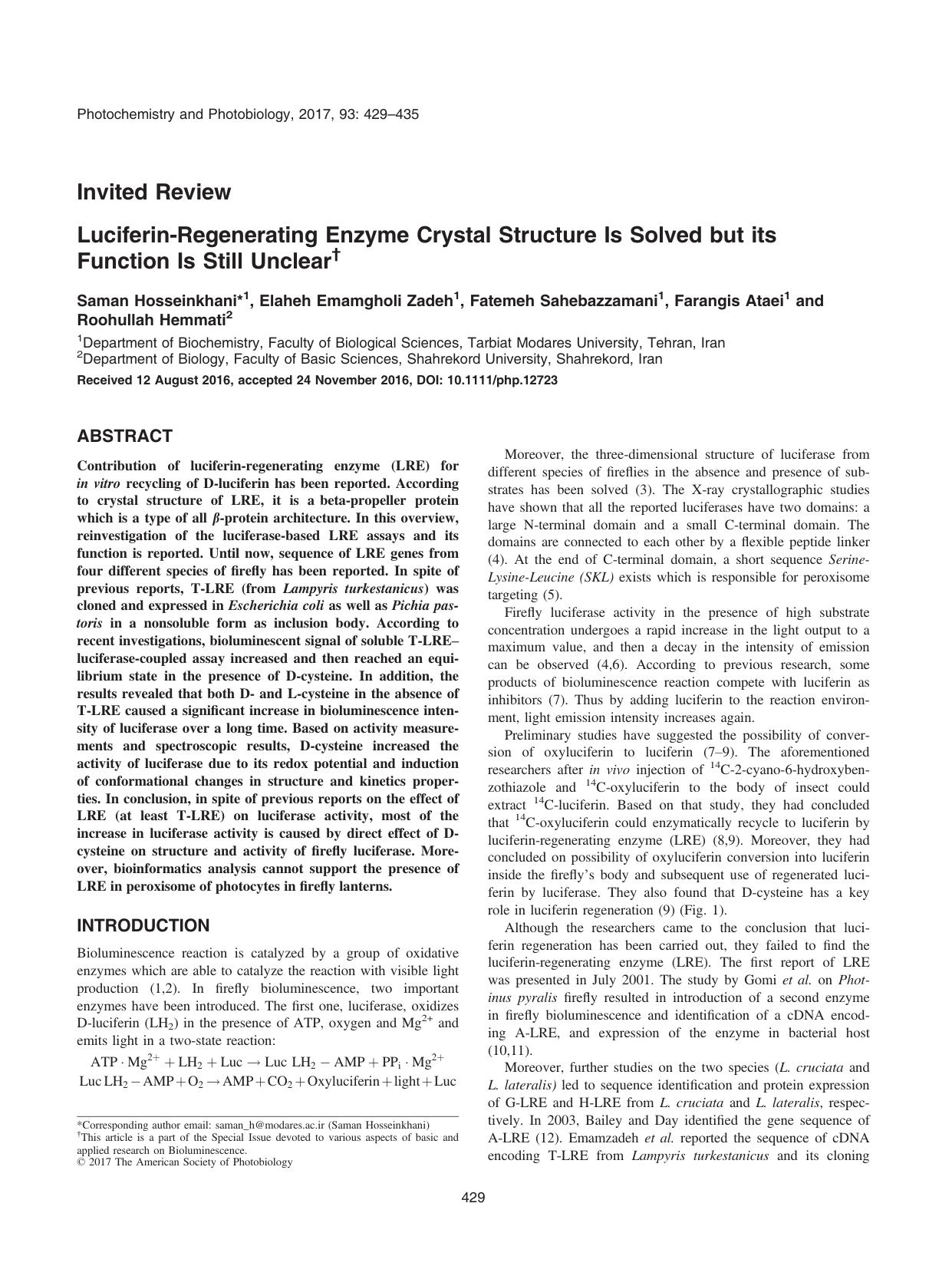 LuciferinâRegenerating Enzyme Crystal Structure Is Solved but its Function Is Still Unclear by Unknown