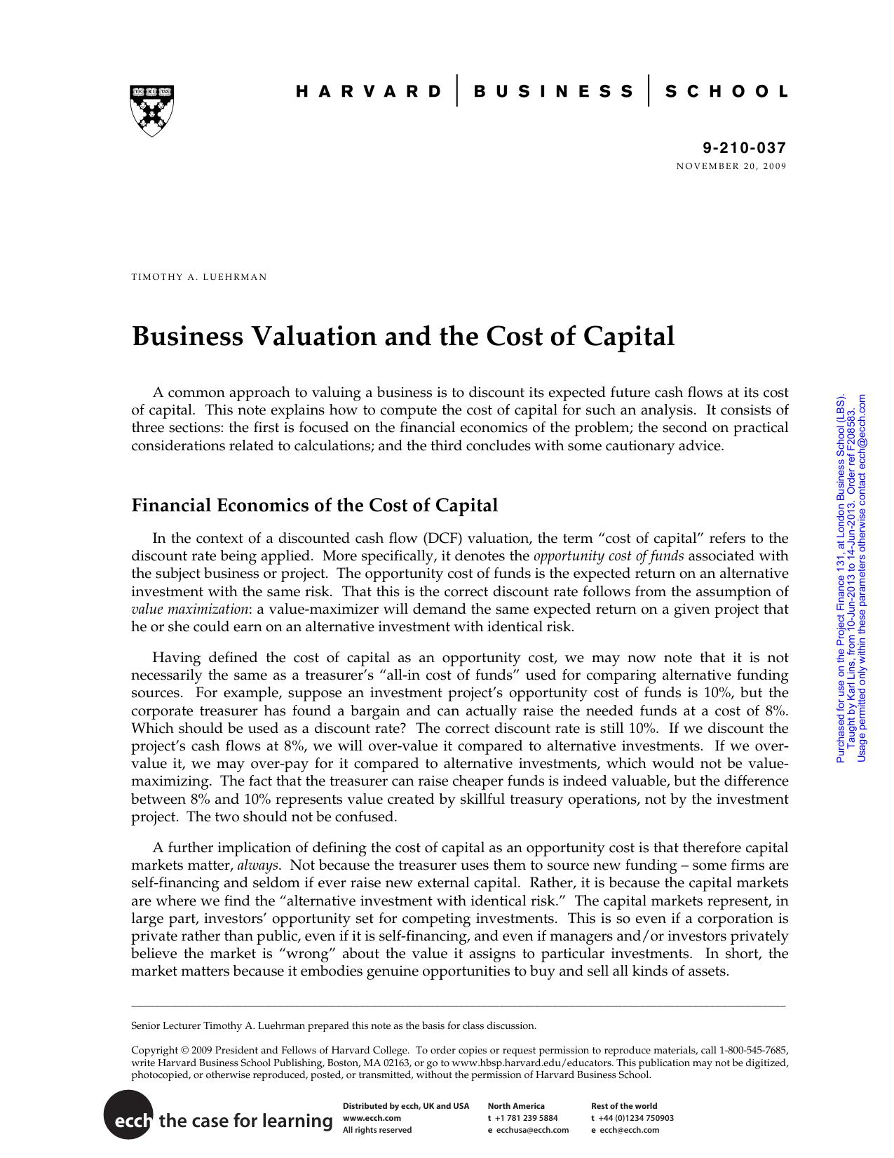 Luehrmon. Business Valuation and the Cost of Capital by Timothy A