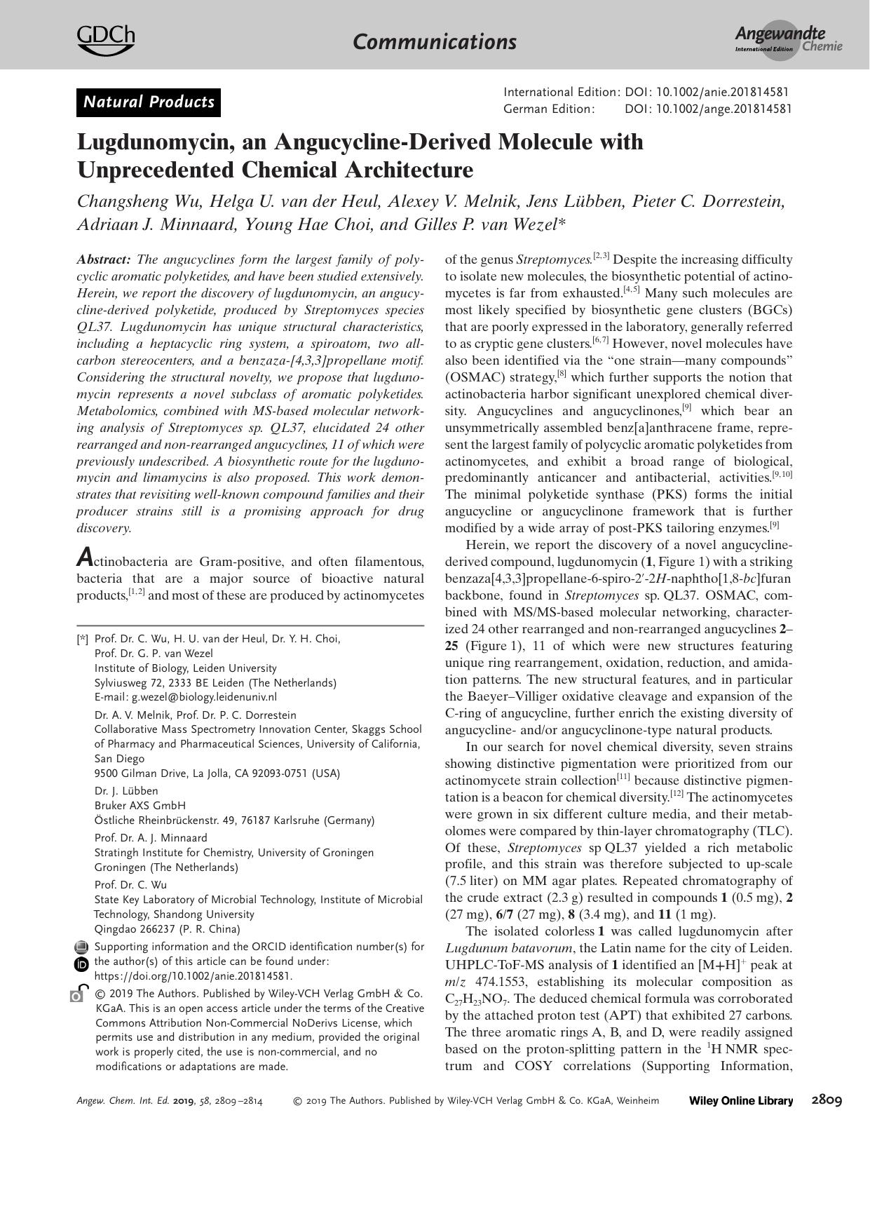 Lugdunomycin, an AngucyclineâDerived Molecule with Unprecedented Chemical Architecture by Unknown