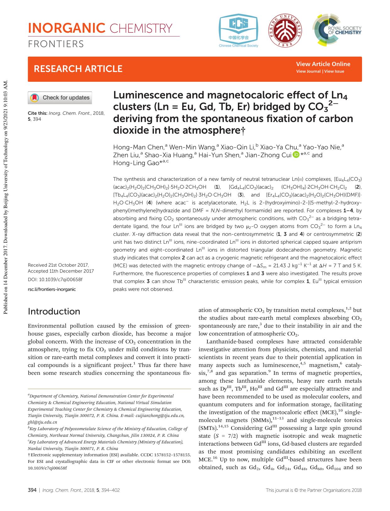Luminescence and magnetocaloric effect of Ln4 clusters (Ln = Eu, Gd, Tb, Er) bridged by CO32â deriving from the spontaneous fixation of carbon dioxide in the atmosphere by unknow