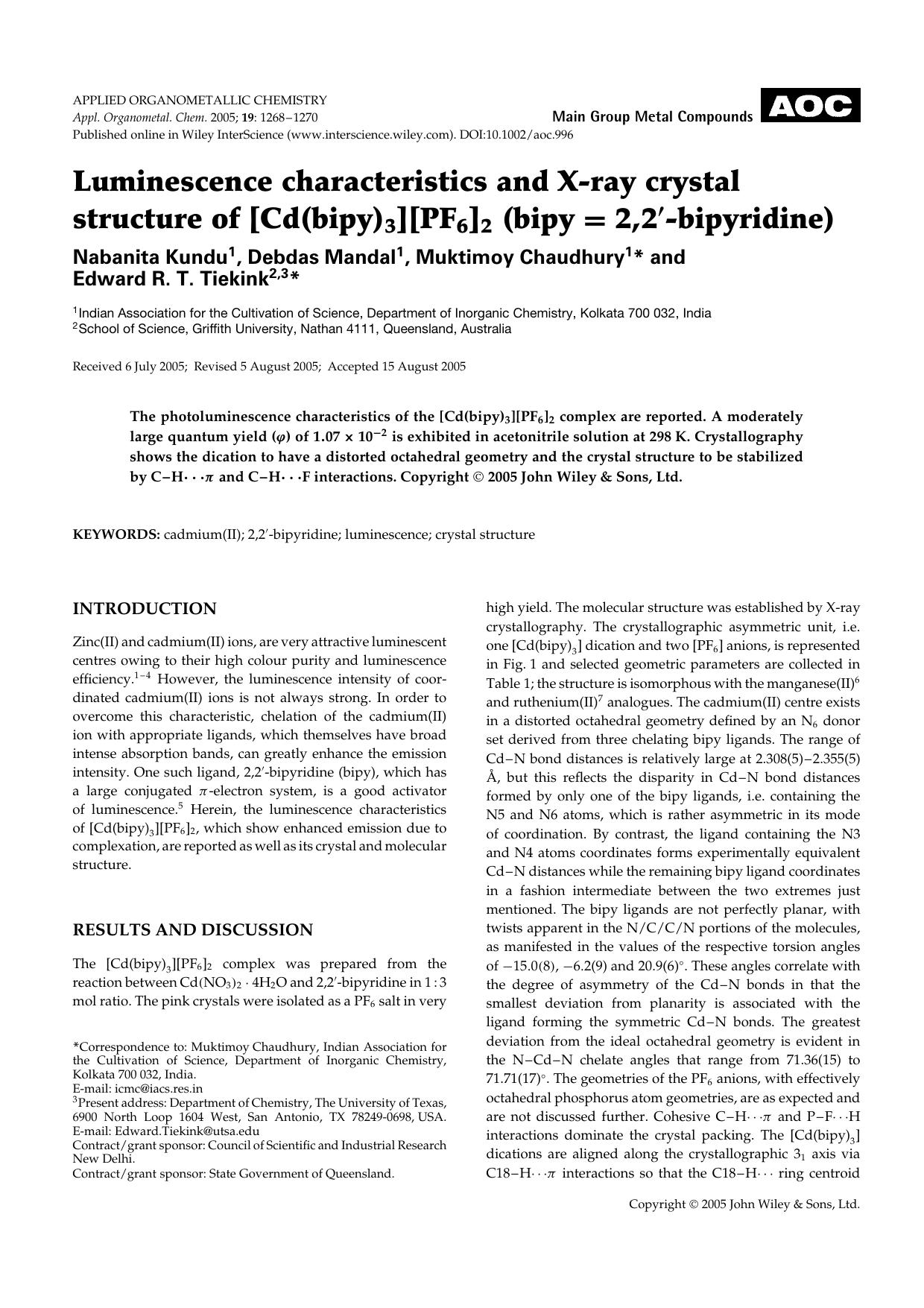Luminescence characteristics and X-ray crystal structure of [Cd(bipy)3][PF6]2 (bipy [equals] 2,2[prime]-bipyridine) by Unknown