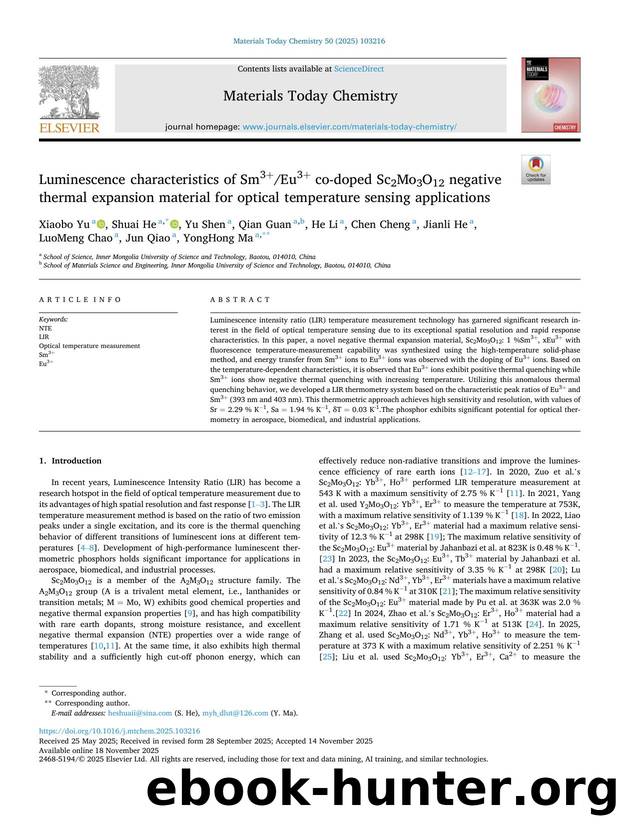 Luminescence characteristics of Sm3+Eu3+ co-doped Sc2Mo3O12 negative thermal expansion material for optical temperature sensing applications by unknow