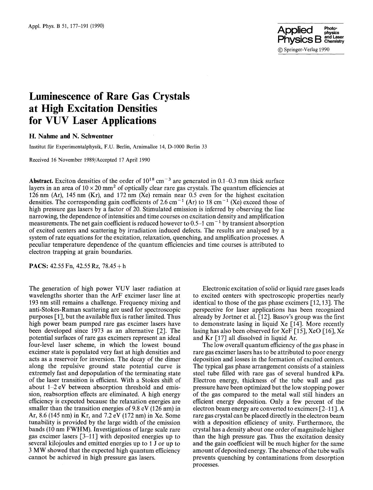 Luminescence of rare gas crystals at high excitation densities for VUV laser applications by Unknown