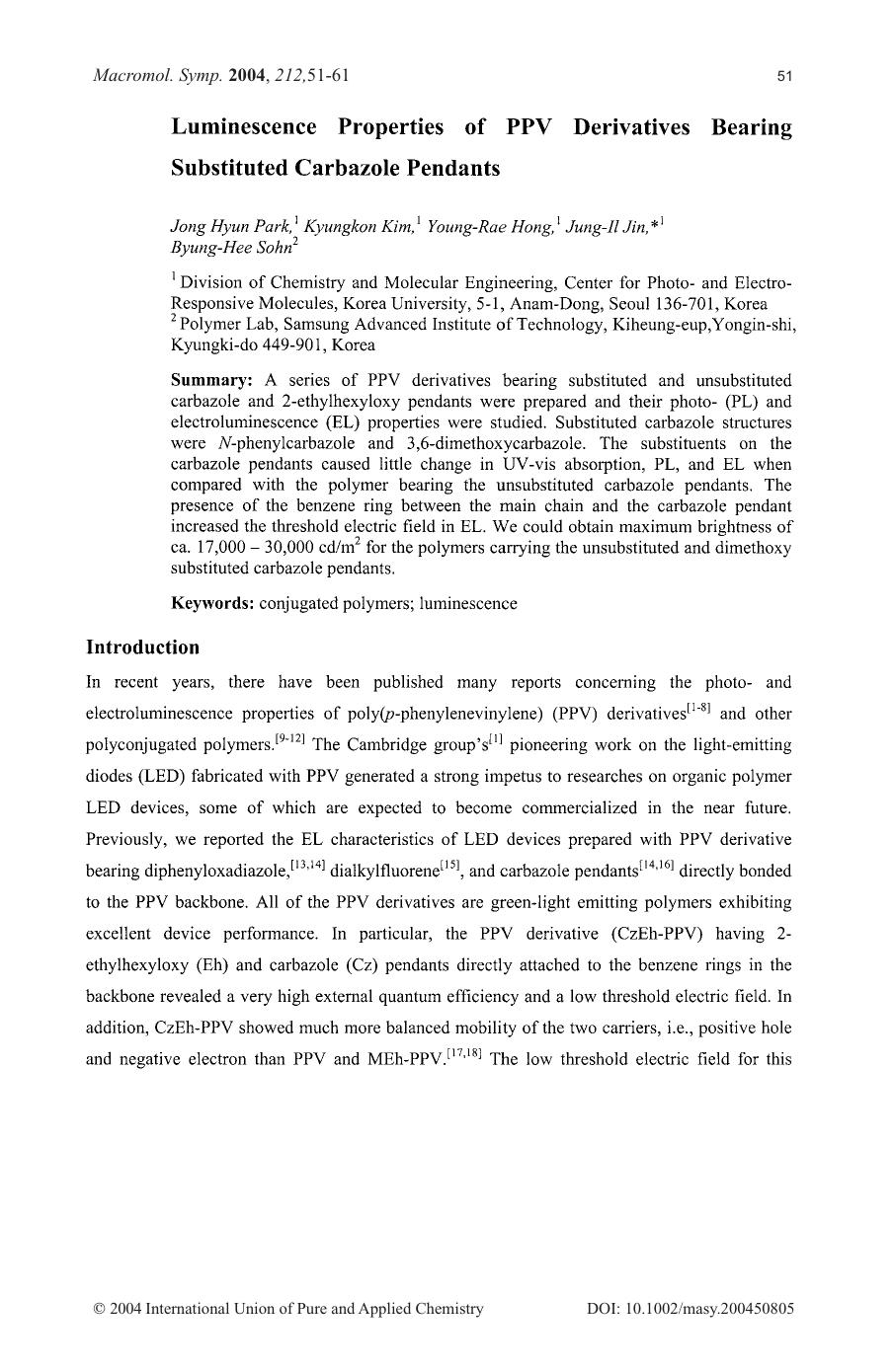 Luminescence properties of PPV derivatives bearing substituted carbazole pendants by Unknown
