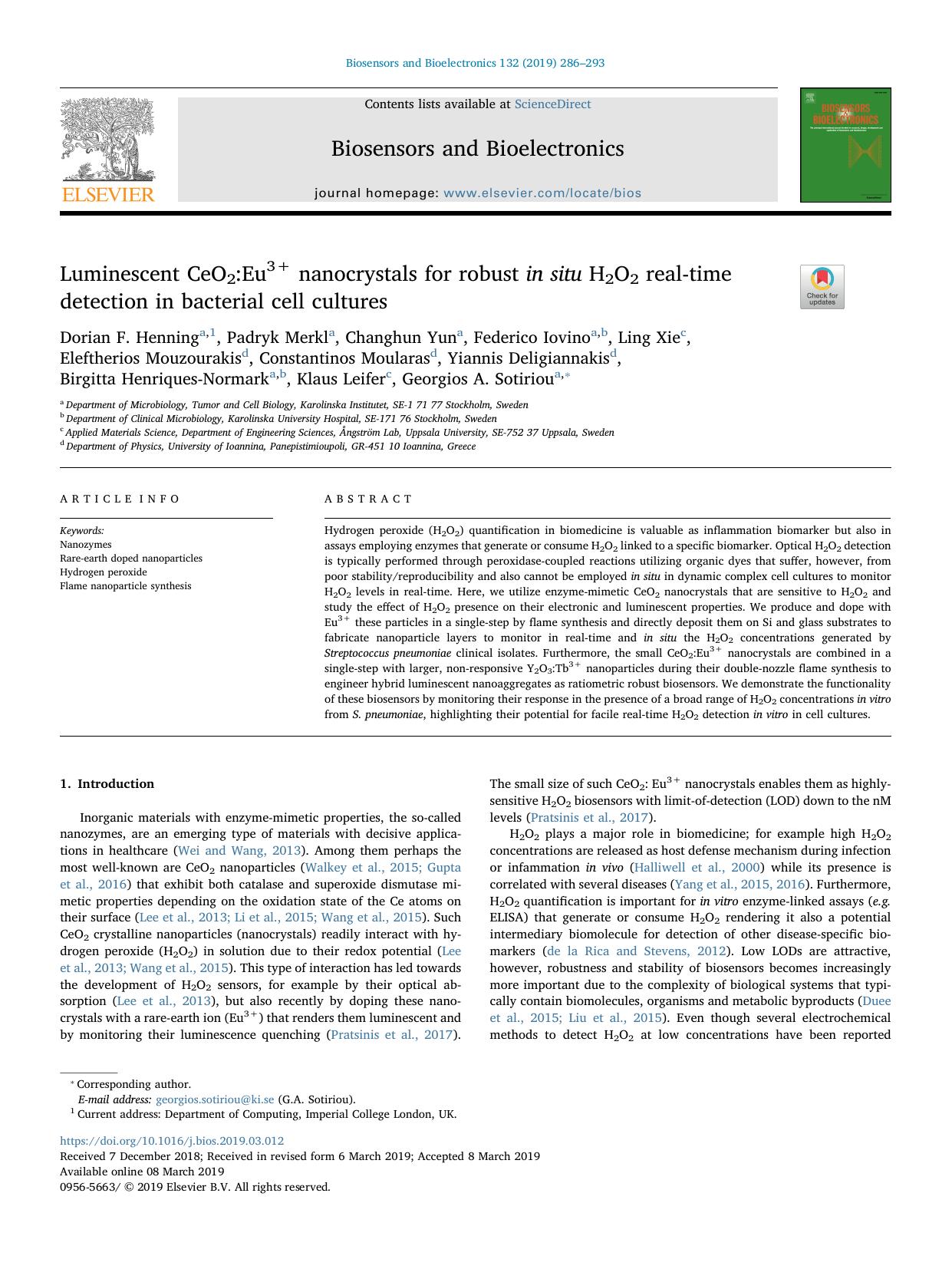 Luminescent CeO2_Eu3+ nanocrystals for robust in situ H2O2 real-time detection in bacterial cell cultures by unknow