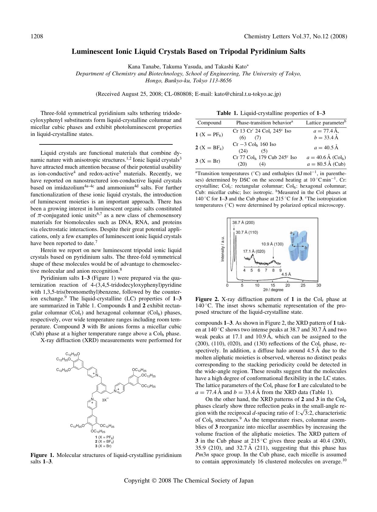 Luminescent Ionic Liquid Crystals Based on Tripodal Pyridinium Salts by Kana Tanabe Takuma Yasuda and Takashi Kato