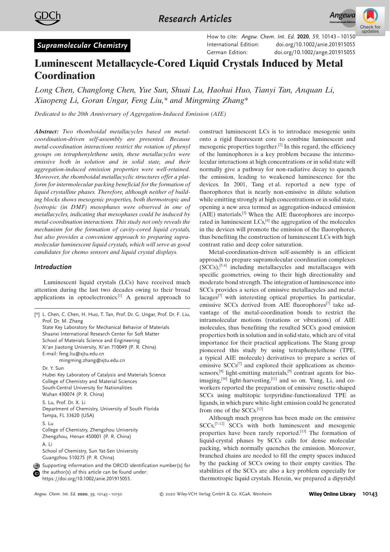 Luminescent MetallacycleâCored Liquid Crystals Induced by Metal Coordination by Unknown