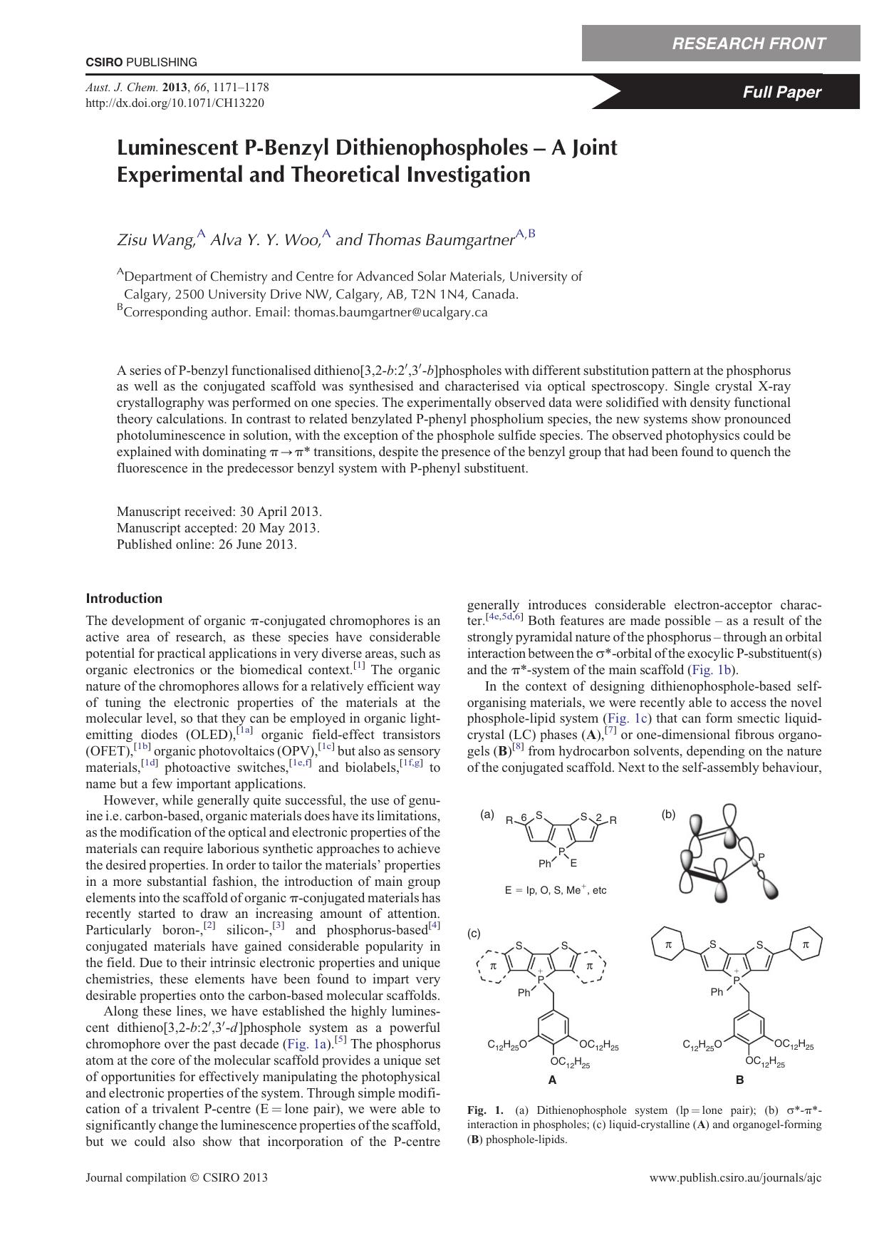 Luminescent P-Benzyl Dithienophospholes - A Joint Experimental and Theoretical Investigation by Z. Wang & A. Y. Y. Woo & and T. Baumgartner