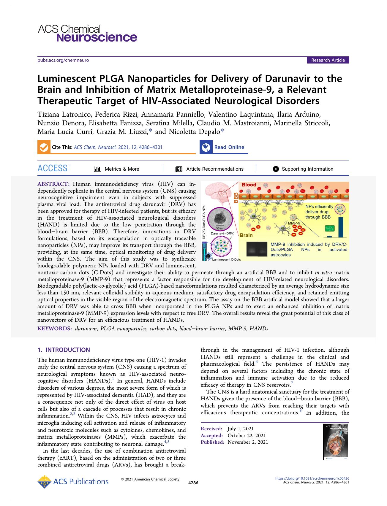 Luminescent PLGA Nanoparticles for Delivery of Darunavir to the Brain and Inhibition of Matrix Metalloproteinase-9, a Relevant Therapeutic Target of HIV-Associated Neurological Disorders by unknow