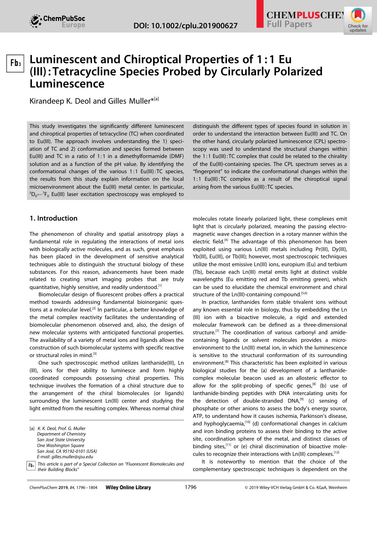Luminescent and Chiroptical Properties of 1â:â1 Eu (III)â:âTetracycline Species Probed by Circularly Polarized Luminescence by Unknown