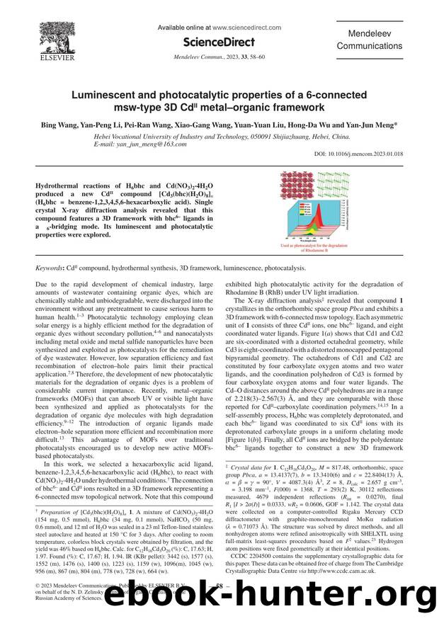 Luminescent and photocatalytic properties of a 6-connected msw-type 3D CdII metalâorganic framework by Bing Wang & Yan-Peng Li & Pei-Ran Wang & Xiao-Gang Wang & Yuan-Yuan Liu & Hong-Da Wu & Yan-Jun Meng