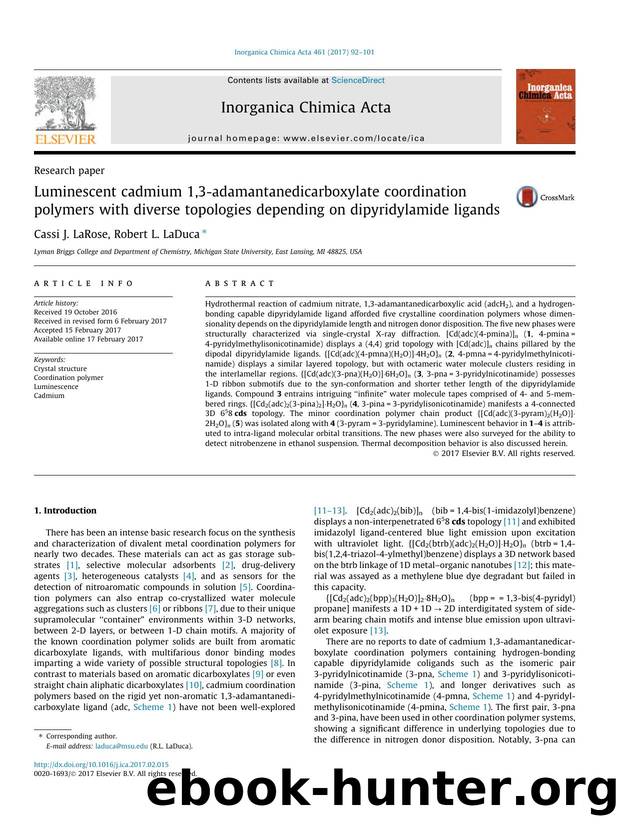 Luminescent cadmium 1,3-adamantanedicarboxylate coordination polymers with diverse topologies depending on dipyridylamide ligands by Cassi J. LaRose & Robert L. LaDuca