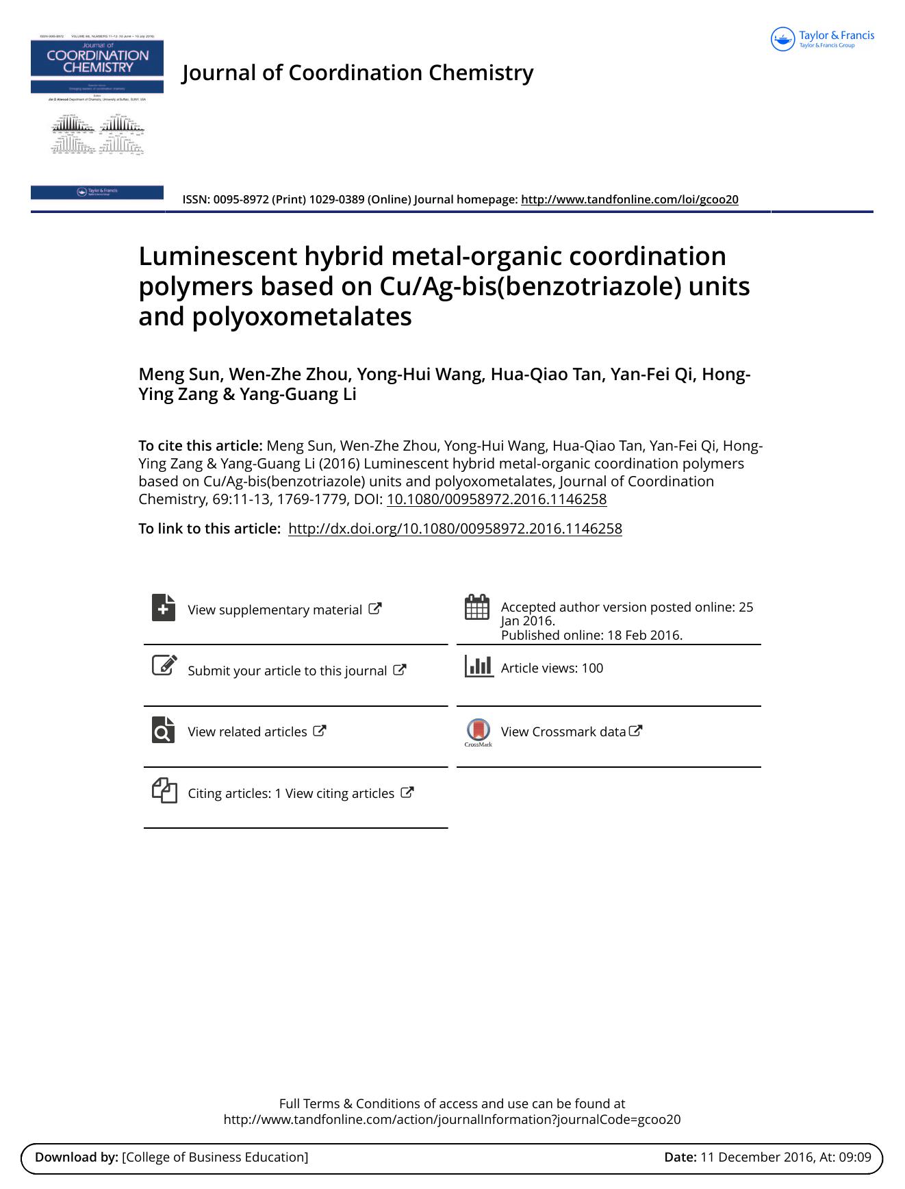 Luminescent hybrid metal-organic coordination polymers based on CuAg-bis(benzotriazole) units and polyoxometalates by Meng Sun & Wen-Zhe Zhou & Yong-Hui Wang & Hua-Qiao Tan & Yan-Fei Qi & Hong-Ying Zang & Yang-Guang Li