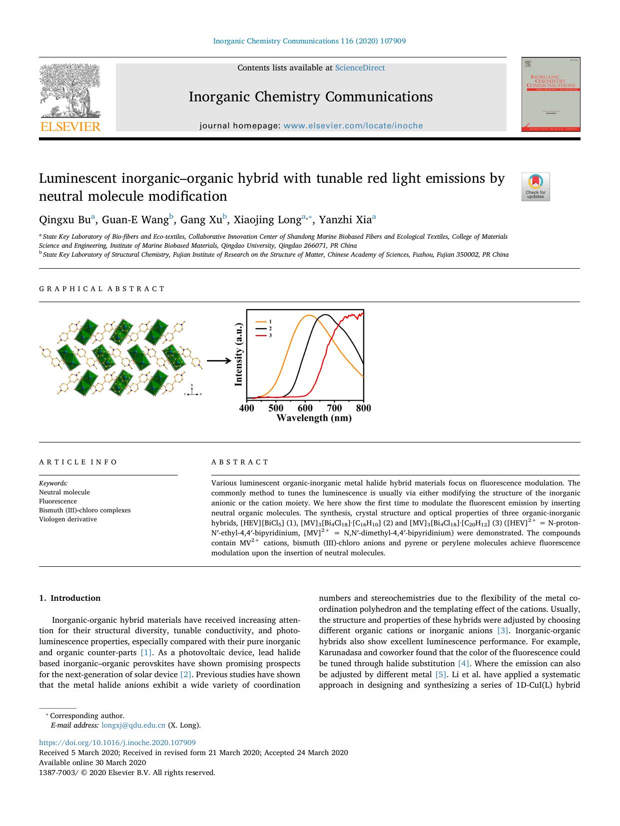 Luminescent inorganicâorganic hybrid with tunable red light emissions by neutral molecule modification by Qingxu Bu & Guan-E Wang & Gang Xu & Xiaojing Long & Yanzhi Xia