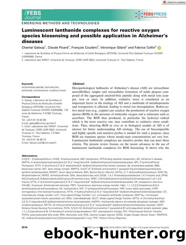 Luminescent lanthanide complexes for reactive oxygen species biosensing and possible application in Alzheimerâs diseases by Unknown