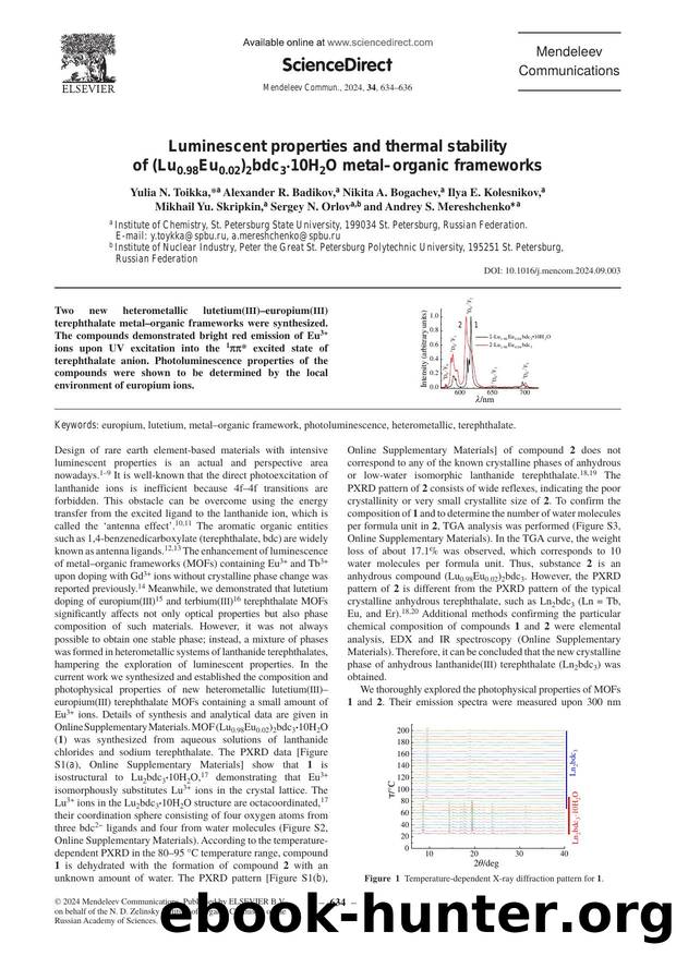 Luminescent properties and thermal stability of (Lu0.98Eu0.02)2bdc3Â·10H2O metalâorganic frameworks by unknow