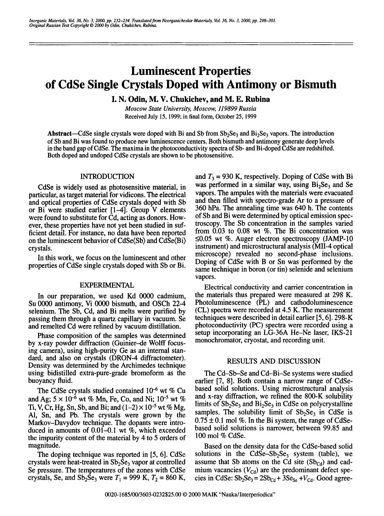 Luminescent properties of CdSe single crystals doped with antimony or bismuth by Unknown