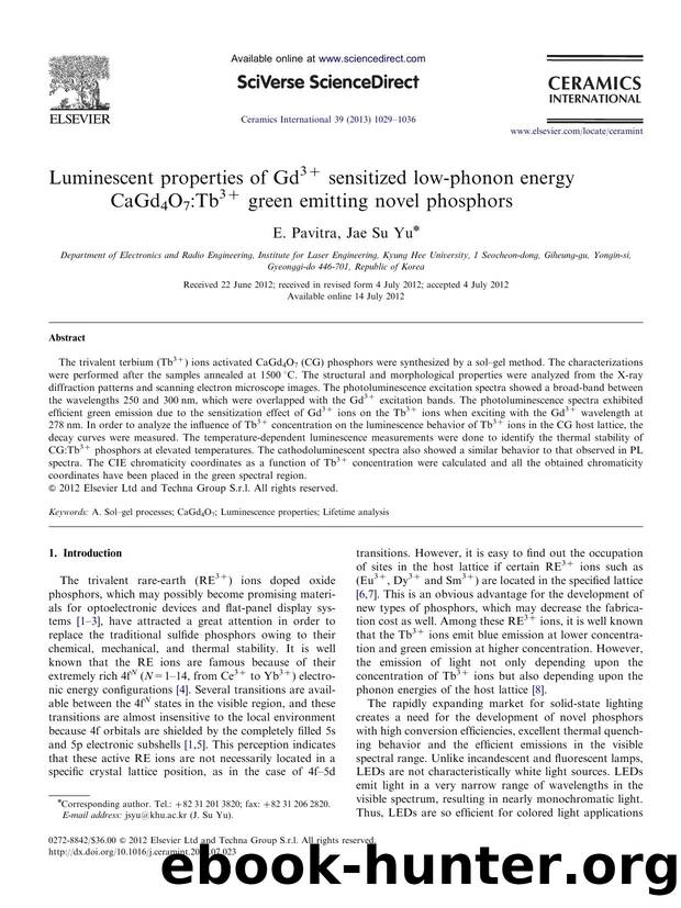 Luminescent properties of Gd3+ sensitized low-phonon energy CaGd4O7Tb3+ green emitting novel phosphors by Pavitra E. & Jae Su Yu