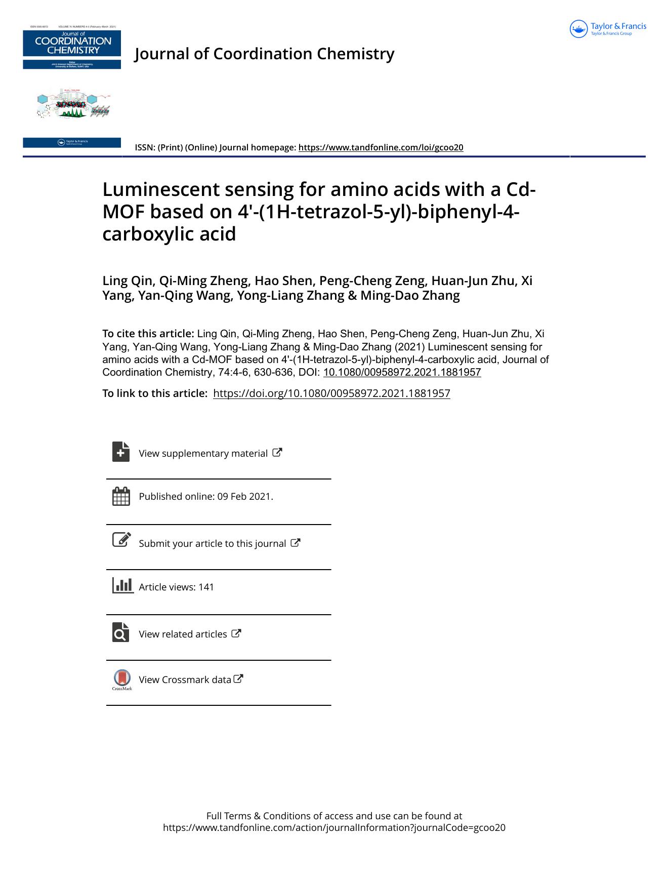 Luminescent sensing for amino acids with a Cd-MOF based on 4'-(1H-tetrazol-5-yl)-biphenyl-4-carboxylic acid by unknow