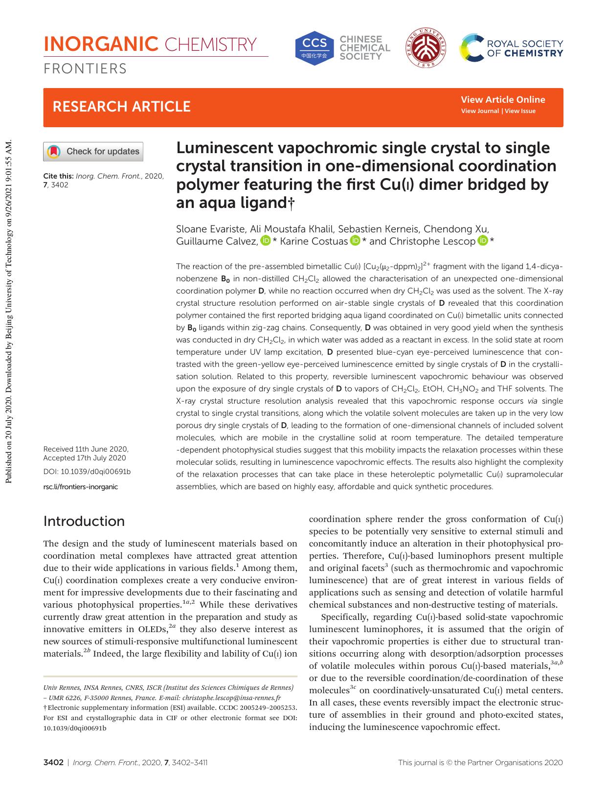 Luminescent vapochromic single crystal to single crystal transition in one-dimensional coordination polymer featuring the first Cu(I) dimer bridged by an aqua ligand by unknow