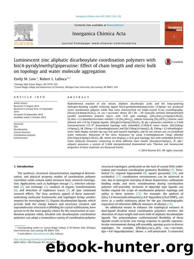 Luminescent zinc aliphatic dicarboxylate coordination polymers with bis(4-pyridylmethyl)piperazine: Effect of chain length and steric bulk on topology and water molecule aggregation by Emily M. Low & Robert L. LaDuca