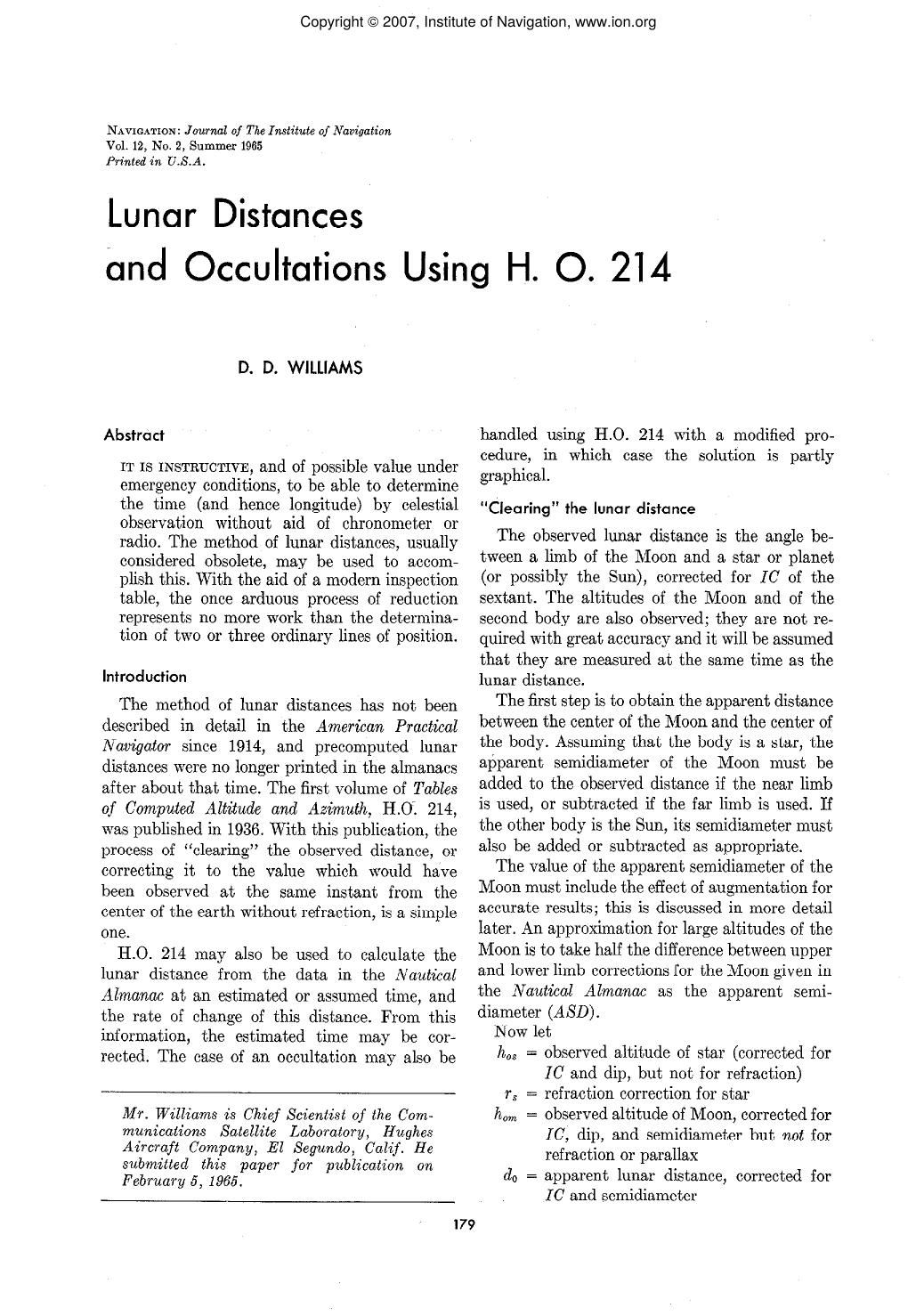Lunar Distances and Occultations Using H. O. 214 by D. D. WILLIAMS