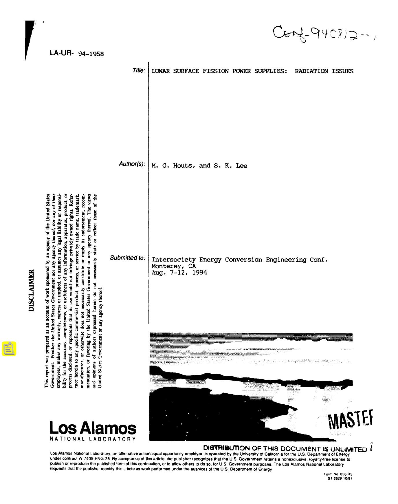 Lunar surface fission power supplies : radiation issues None by LANL Research Library LWW Project