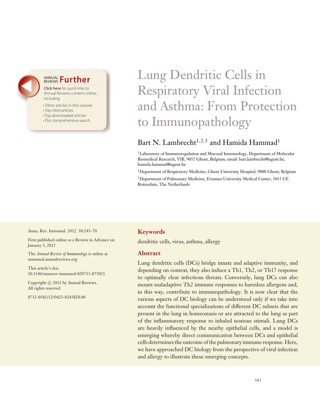Lung Dendritic Cells in Respiratory Viral Infection and Asthma: From Protection to Immunopathology by Bart N. Lambrecht and Hamida Hammad