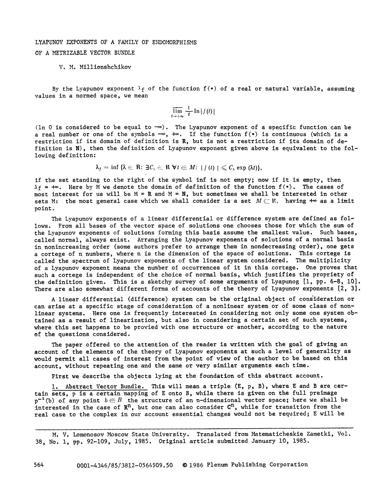 Lyapunov exponents of a family of endomorphisms of a metrizable vector bundle by Unknown